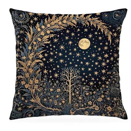 Vintage Dark William Morris Inspired Pillow Cover 18x18 Double-Sided, Dark Academia Forest Moon and Stars Decorative Throw Pillow Cover Case for Home Living Room Bedroom - color: Forest Moon and Starsl-4