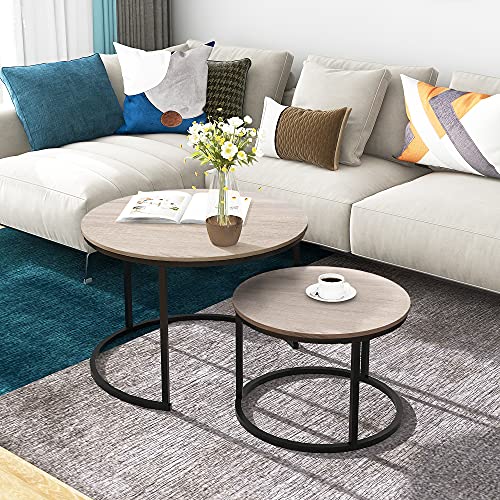 HOMERECOMMEND Round Coffee Table Set of 2 for Living Room,Natural Wood | Round Table with Solid Powder-Coated Metal Frame,round nesting coffee table set of 2 - color: Oak