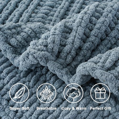 Battilo Chunky Knit Throw Blanket for Couch, 50"x60", Dusty Blue | Hand Knit with Chunky Yarn, Cozy Warm Soft Chenille Throw Blanket for Bed, Sofa, Living Room - color: Dusty Blue
