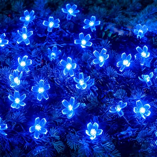 Plug in Blue Flower String Lights, 33ft 100 LED Cherry Blossom Fairy Lights | 8 Modes Ip44 Waterproof Connectable Extendable Floral Lamp For Valentine'S Day, Wedding Party Indoor Outdoor Decor - color: Blue
