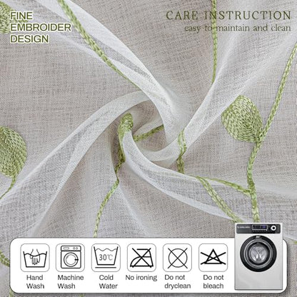 2 Panels Embroidered Leaf Pattern Semi Sheer Curtains Foliage Floral Voile Window Draperies Treatment for Bedroom Living Room Rod Pocket White Light Green 53 x 95 Inch