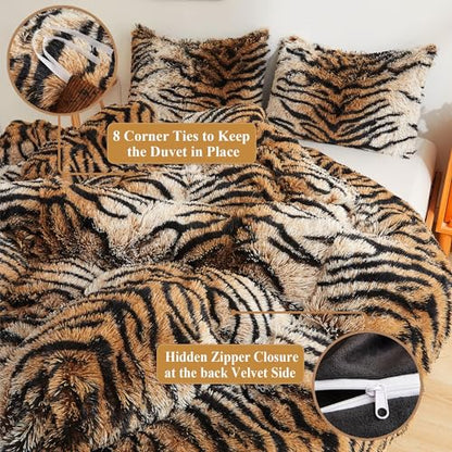XeGe Tiger Print Fluffy Faux Fur Duvet Cover Set, King Size, Tiger Brown | 3 Pieces Soft Plush Shaggy Fuzzy Bedding Set(1 Farmhouse Animal Print Comforter Cover + 2 Furry Pillow Cases), Zipper Closure - color: Tiger Print Brown, size: King