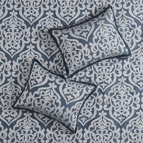 Madison Park Odette Cozy Comforter Set Jacquard Damask Medallion Design - Modern All Season, Down Alternative Bedding, Shams, Decorative Pillows, Queen(90 in x 90 in),Navy 8 Piece | All Season Down Alternative Bedding with Comforter, Shams, Bed Skirt, Dec