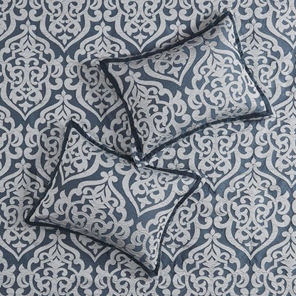 Madison Park Odette Cozy Comforter Set Jacquard Damask Medallion Design - Modern All Season, Down Alternative Bedding, Shams, Decorative Pillows, Cal King(104 in x 92 in), Navy 8 Piece | All Season Down Alternative Bedding with Comforter, Shams, Bed Skirt
