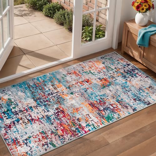 Tangsoo Abstract 2x4 Washable Rug for Entryway, Small Modern Non Slip Rugs | Indoor Front Door 2x4 Runner Rugs,Print Door Mat, Soft Low Pile Rugs for Entrance Kitchen Entry Bathroom Home Decor - color: Mosaic Gray Multi, size: 2' X 4' (Runner)