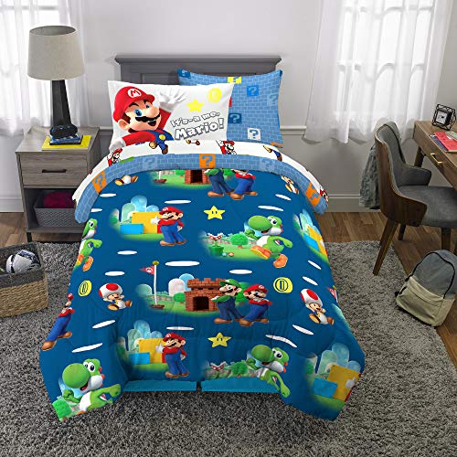 Super Mario Kids Bedding Set, Twin Size 5 Piece Comforter and Sheet Set with Sham, (Officially Licensed Product) by Franco - color: Mario, size: Twin