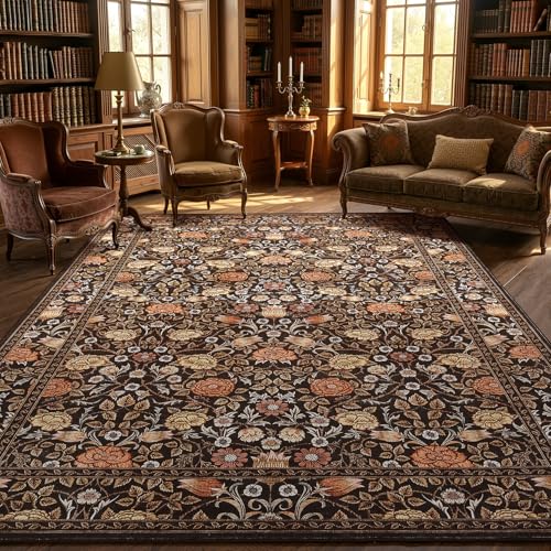 GarveeHome Dark Brown Floral Washable Rug 5x7 for Bedroom Living Room | Nursery Dorm Office Rug Vintage Boho Rugs Low-Pile Non-Slip Stain Resistant TPE Backing - color: A Brown / Black, size: 5' x 7' (Rectangular)