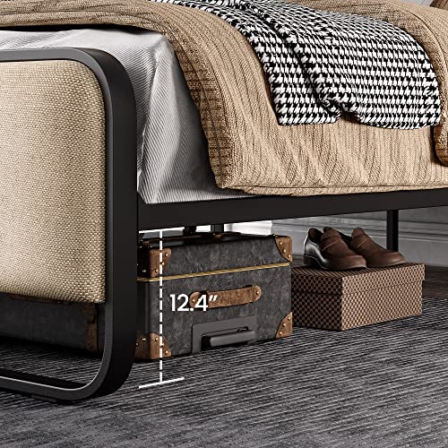 SHA CERLIN Queen Size Metal Bed Frame with Upholstered Headboard, Cream | Curved Upholstered Headboard and Footboard, Large Under Bed Storage, No Box Spring Needed - color: Beige, size: Queen