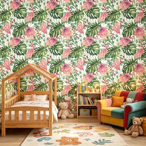 Tropical Floral Monstera Green Leaf Flowers Peel and Stick self Adhesive Wallpaper - 128''x32'' - color: X09, size: 128"x32"