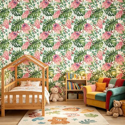 Tropical Floral Monstera Green Leaf Flowers Peel and Stick self Adhesive Wallpaper - 128''x32'' - color: X09, size: 32" x 128"