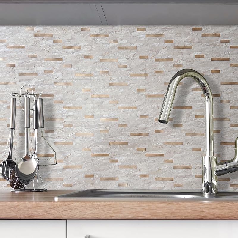 DICOFUN 10 Sheets Marble Look Peel and Stick Backsplash Wall Tile, PVC Kitchen Backsplash Peel and Stick in Light Brown, 9.4 sq.ft - color: Light Brown and Metal Gold, size: 10 Sheets, 12’’x12’’x0.12’’