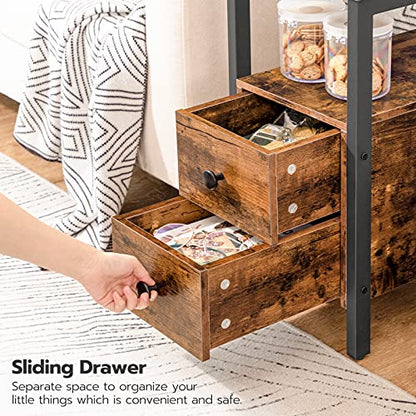 HOOBRO End Table with Charging Station, Narrow Side Table with 2 Drawer & USB Ports & Power Outlets, Nightstand for Small Spaces, for Living Room, Bedroom, Rustic Brown and Black BF541BZ01 - color: Rustic Brown + Black