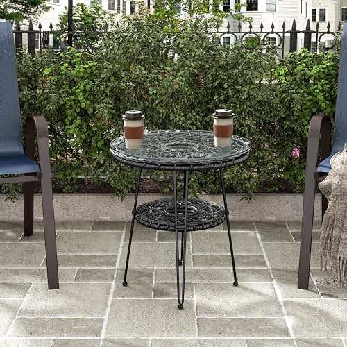 Furniture of America Ysar Boho 19-inch Round Coffee Table Outdoor with Tempered Glass Top and Metal Frame, Handcrafted Coastal Furniture for Patio, Poolside, Garden, Yard, Black - color: Black/19 In.