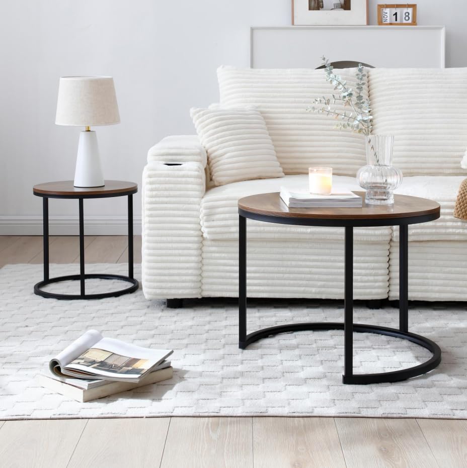 39.3'' Round Nesting Coffee Table Set of 2 for Living Room, Modern Wood Nesting Side End Table with Metal Base, Easy Assembly, Walnut - color: S5-39.3in-walnut