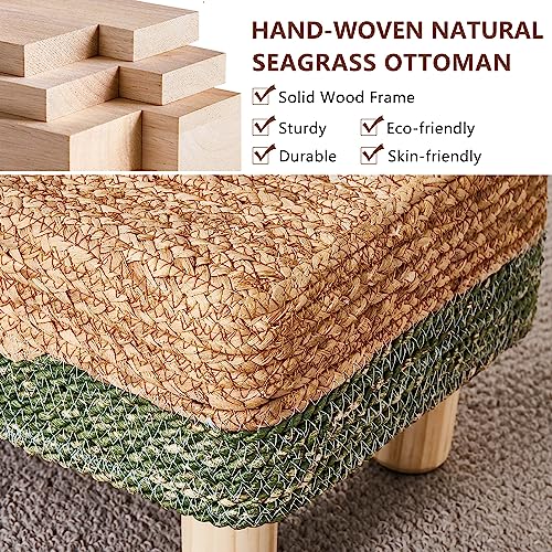 Wimarsbon Natural Seagrass Footstool Ottoman Rectangular Footrest Pouf Ottomans with Wooden Legs Hand Weave Step Stool for Living Room Bedroom Entryway Green - color: Green, size: 12"D x 16.5"W x 9.5"H