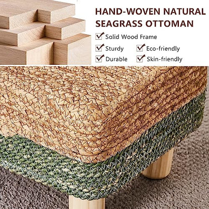 Wimarsbon Natural Seagrass Footstool Ottoman Rectangular Footrest Pouf Ottomans with Wooden Legs Hand Weave Step Stool for Living Room Bedroom Entryway Green - color: Green, size: 12"D x 16.5"W x 9.5"H