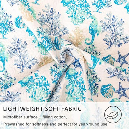Jarson 3 Piece Beach Daybed Cover Set Twin Size Coastal Quilted Daybed Bedding Sets Double Side Cozy Ocean Sofa Daybed Cover with 2 Shams - color: Starfish Seahorse