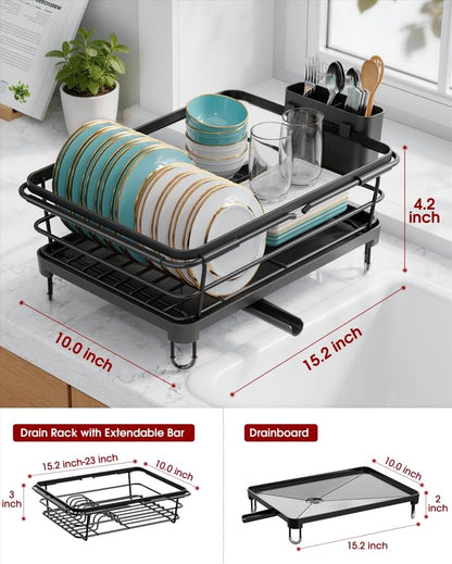 Sakugi Dish Drying Rack in Sink - Expandable Stainless Steel Dish Rack Over The Sink, Kitchen Sink Drain Strainer with Cutlery Holder & Cup Holders, 15.2 x 10.0 x 4.2 Inch, Black - color: Black, size: With Drainboard - 15.2" x 10" x 4.2"