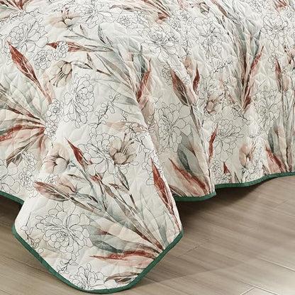 ESCA 3-Piece SARA Floral Green Bedspread Set Queen Size Reversible White Quilt - color: 09 Sara, size: Queen