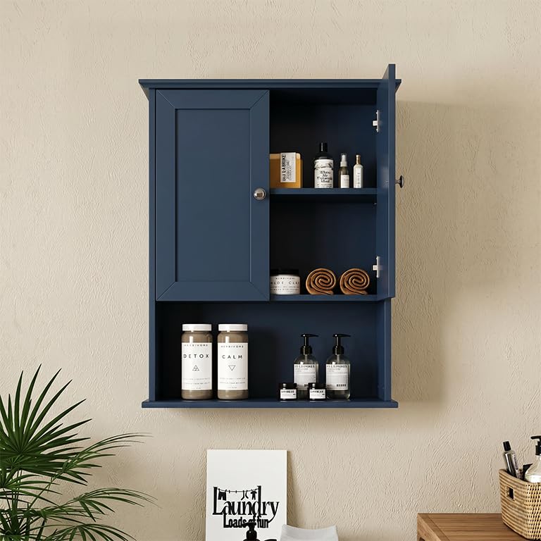 Medicine Cabinet, Over The Toilet Storage Cabinet, 24x30 Inch Wall Mount Bathroom Storage Cabinet with 2 Doors & Adjustable Shelf, Wooden Bathroom Wall Cabinet, Blue - color: Blue