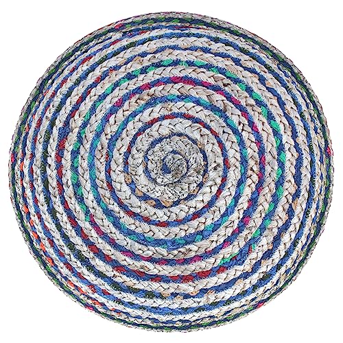 SIMPLIHOME Margo 30" Wide Round Pouf in Natural Jute and Cotton | Boho footstool, braided pouf, extra seating for living room or bedroom with polystyrene bead filling, assembled; accent seat. - color: Multi-blue, style: Pouf
