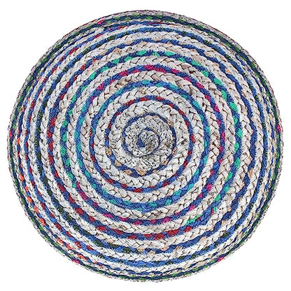 SIMPLIHOME Margo 30" Wide Round Pouf in Natural Jute and Cotton | Boho footstool, braided pouf, extra seating for living room or bedroom with polystyrene bead filling, assembled; accent seat. - color: Multi-blue, style: Pouf