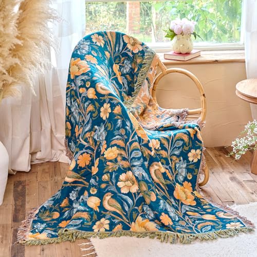 Boho Throw Blanket 60"x80" 100% Cotton Floral Twin Size Bed Blanket with Flower Bird,Reversible Soft Breathable Lightweight Spring Decorative Blankets with Fringe for Couch Sofa All Season - color: Navy Blue, size: 60"x80"