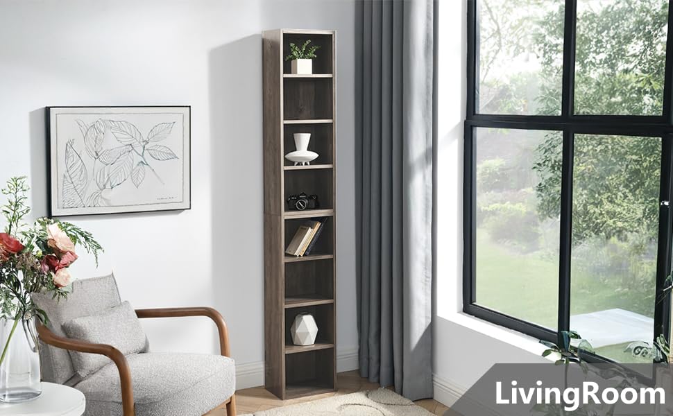 Tall Narrow Bookshelf,8-Tiers Bookcase with Adjustable Shelves,Double-Decker Combination Thin Media Tower Rack,CD DVD Slim Storage Cabinet for Living Room,Bedroom,Studio and Office (Gray, 71"H) - color: Grey