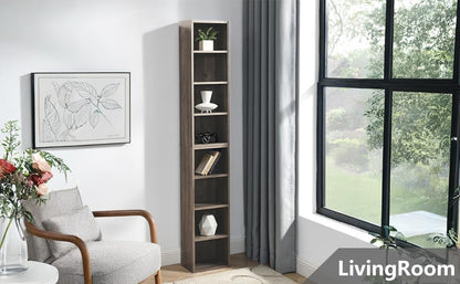 Tall Narrow Bookshelf,8-Tiers Bookcase with Adjustable Shelves,Double-Decker Combination Thin Media Tower Rack,CD DVD Slim Storage Cabinet for Living Room,Bedroom,Studio and Office (Gray, 71"H) - color: Grey