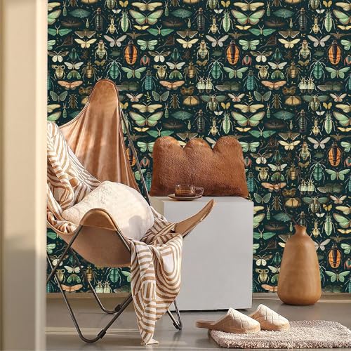Insect Specimen Animals Dark Green Black Brown Peel and Stick Wallpaper Contact Paper Vintage Vinyl Stick on Wall Paper for Bedroom Bathroom Kitchen Cabinet Renter Friendly - color: Dark Green, size: 17.7" x 236"