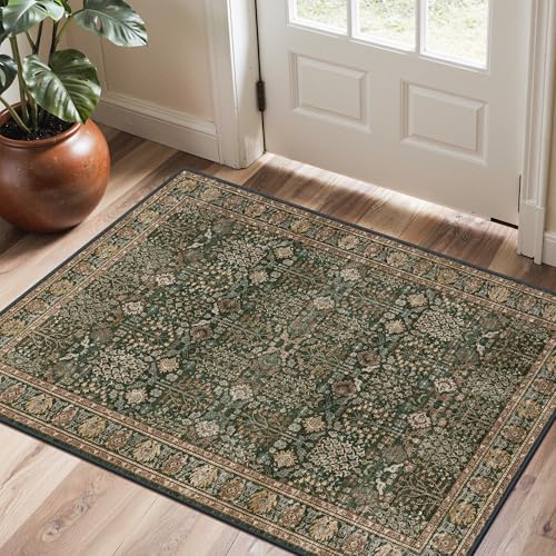 2x3 Washable Rug, Non Slip Entryway Mat, Dark Green Brown | Vintage Floral, Spill Resistant, Lightweight Low Pile Carpet for Kitchen, Hallway, Front Door and Bathroom - color: Dark Green Brown, size: 2' x 3' (Rectangular)