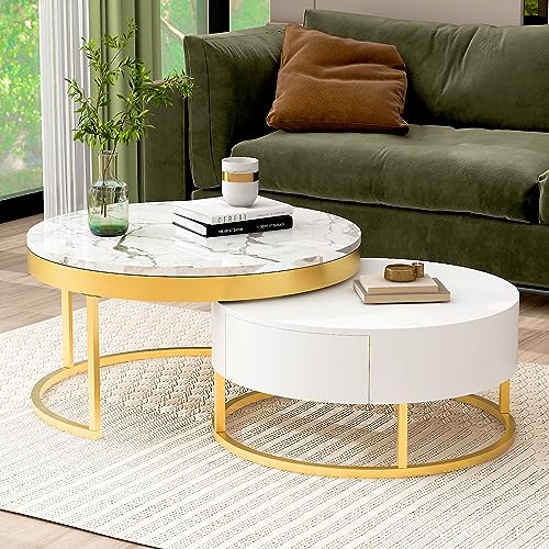 Modern Round Nesting Coffee Table with Drawers for Living Room in White - color: Golden+white