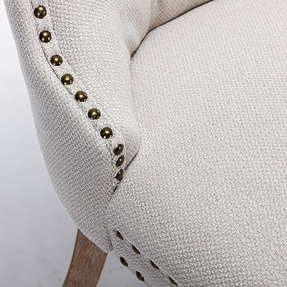 Beige-White Dining Chairs Set of 2, Tufted Kitchen & Dining Room Chairs | Two Fabric Tufted Dinning Chairs, Linen Upholstered, Wing Back, Metal Pull Ring, Wood Frame, Mid Century Modern - color: A-2 Beige Linen, Wood Legs, size: 2