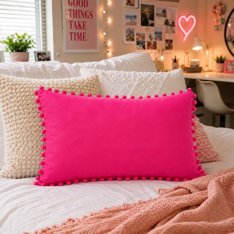 WWW.THROWPILLOW.IN Hot Pink Solid Cotton Cushion Cover with Pom Pom Preppy Decorative Throw Pillow Cover for Dorm Room,Feminine Chic Home Decor Accent Rectangular Cushion 14x20 Inches
