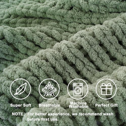 Sage Green Chunky Knit Throw Blanket, Knit Throw Blanket for Couch 50"x60" | Handmade Cable Knit Crochet Blanket, Cozy Knot Green Knitted Throw Blankets, Light Green Chenille Blanket for Bed Sofa Home - color: Light Green