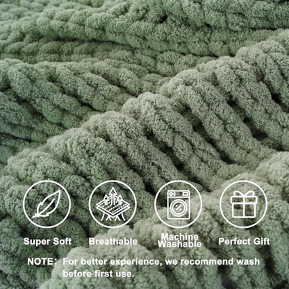 Sage Green Chunky Knit Throw Blanket, Knit Throw Blanket for Couch 50"x60" | Handmade Cable Knit Crochet Blanket, Cozy Knot Green Knitted Throw Blankets, Light Green Chenille Blanket for Bed Sofa Home - color: Light Green