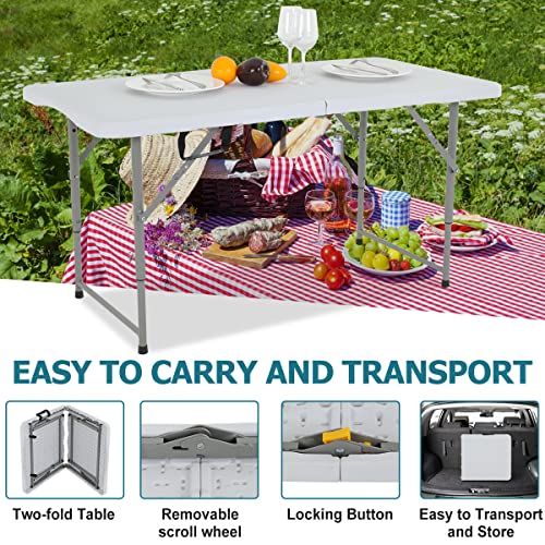 4FT Folding Table, Height Adjustable Table, Heavy Duty Plastic Tables Portable Fold-in-Half Utility Table w/Handle & Lock for Camping BBQ Party Banquet Wedding Market Events, 330LBS - size: 4 FT