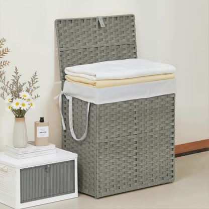 Laundry Hamper with Lid, 110L Foldable Laundry Basket with Removable Liner Bags, Handwoven Synthetic Rattan Clothes Hamper for Bathroom, Bedroom, Laundry Room, Grey - color: Grey-110L