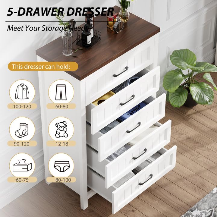 Jocoevol 5 Drawer Dresser for Bedroom - Farmhouse 44.9" Tall Chest of Dresser with Large Storage, Rubst Wood Construction for Living Room, Hallway & Entryway - White (White & Brown) - color: White & Brown