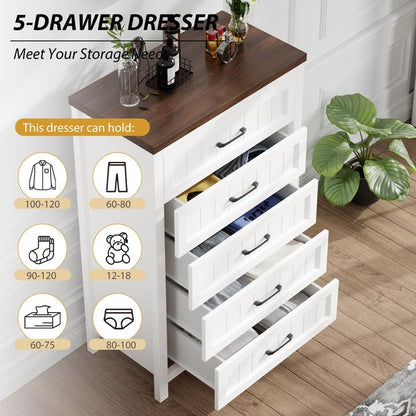 Jocoevol 5 Drawer Dresser for Bedroom - Farmhouse 44.9" Tall Chest of Dresser with Large Storage, Rubst Wood Construction for Living Room, Hallway & Entryway - White (White & Brown) - color: White & Brown