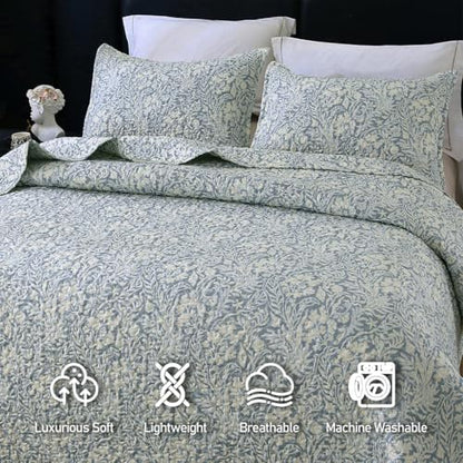 DURLENGEN Botanical Quilt Set King Size 3Pcs, Bluish Grey Printed with Beige Leaves Pattern,Soft Polyester Lightweight Bedspread for All Season Layering(King 106x96,Beige Botanical) - color: Beige Botanical, size: King(106" x 96")