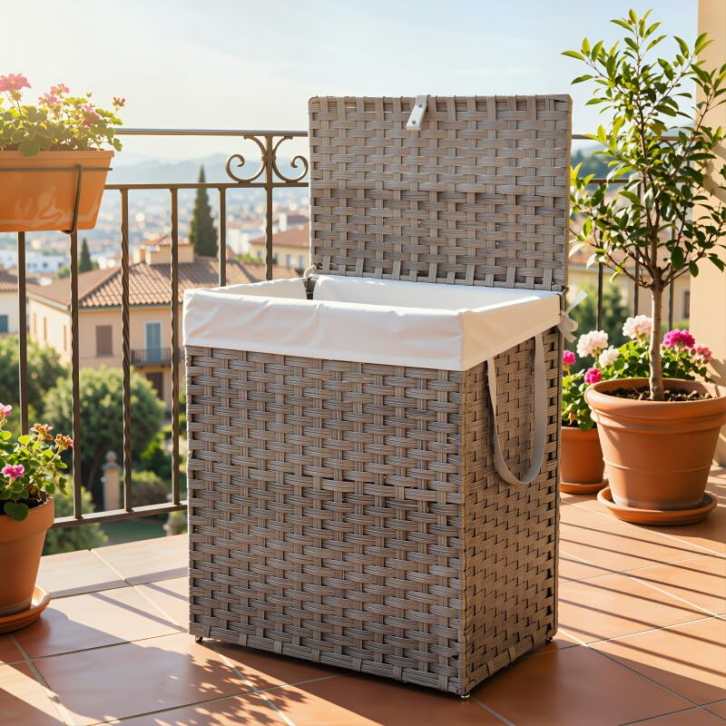 Laundry Hamper with Lid, 90L Foldable Laundry Basket with Removable Liner Bags, Handwoven Synthetic Rattan Clothes Hamper for Bathroom, Bedroom, Laundry Room, Grey - color: Grey-90L