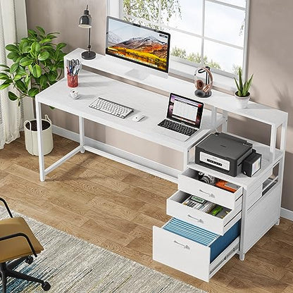 Tribesigns 63 Inch Computer Desk with File Drawer Cabinet, Ergonomic Desk | Office Desk with Monitor Stand, Computer Table with Printer Space, Wood PC Table Workstation Desk for Home Office, White - color: White