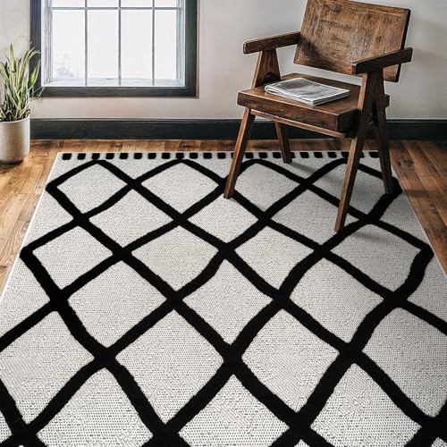 Modern Rug 5x7 Luxury Diamond Pattern Micro Loop Area Rugs Soft High-Low Pile Stain Resistant Easy to Clean Non-Shedding Durable Living Room Kitchen Indoor Carpet (Black/White) - color: Bold / Black, size: 5' x 7' (Rectangular)