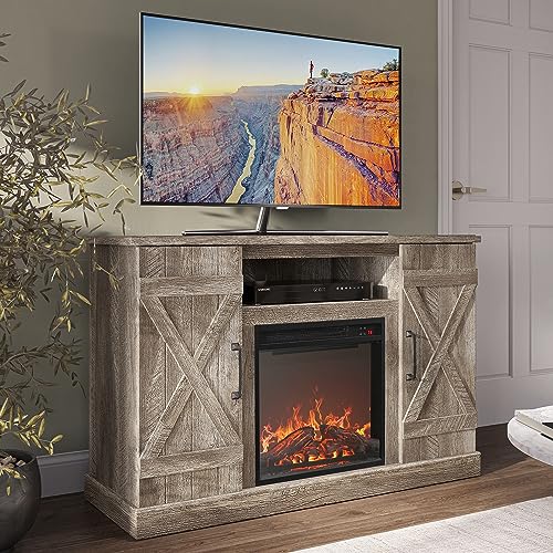 BELLEZE 47" TV Stand with 18" Electric Fireplace Heater & Media Entertainment Center Console Table for TV up to 50" with Open Storage Shelves & Cabinets - Veropeso (Ashland Pine) - color: Ashland Pine, style: 47" TV Stand/W 18" Fireplace