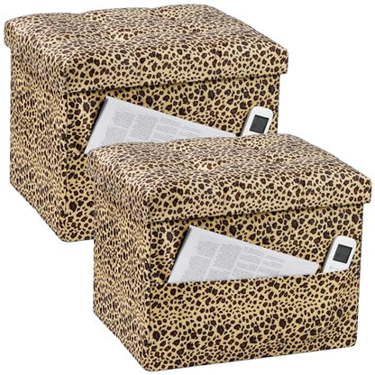 Bsketa Storage Ottoman, 17" Folding Velvet Foot Rest,Leopard Print 2 Pack | Small Ottoman with Side Pockets, Thicker Foam Padded Seat, Livingroom, Dorm, Bedroom, Easy to install, 43L,17x13x13in - color: Leopard Print 2 Pack-with Side Pockets