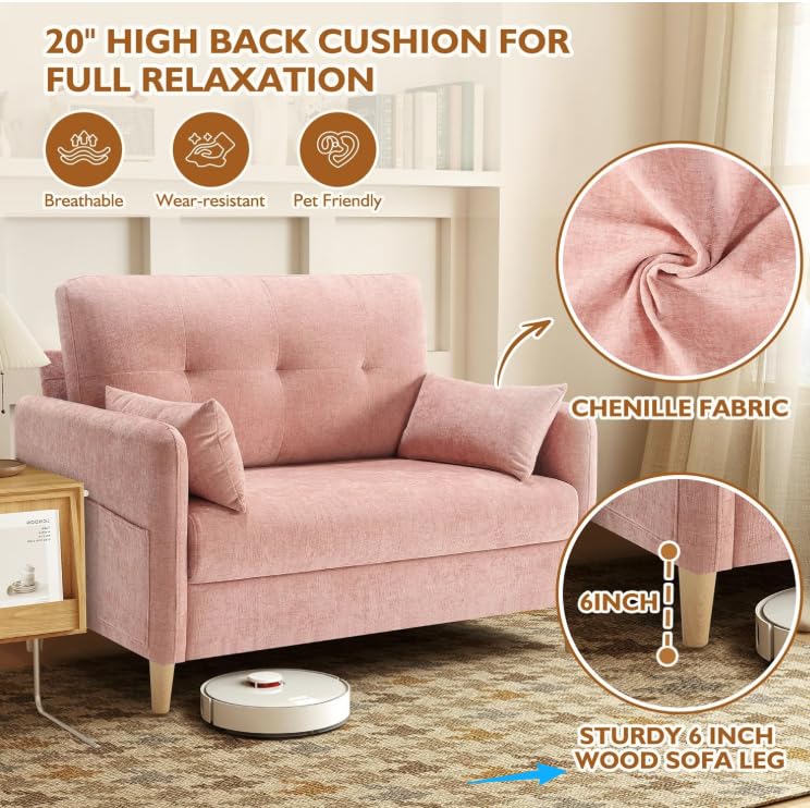 Urhanherry 47" Small Sofa Couch for Bedroom, Soft Chenille loveseat Mini Couch with Throw Pillow and Removable Cushion Cover for Small Spaces, Living Room, Apartment, Dorm, Office(Pink) - color: Pink