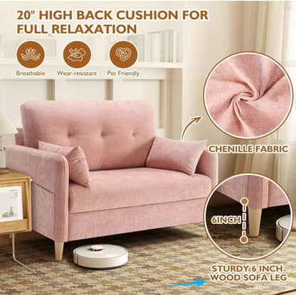 Urhanherry 47" Small Sofa Couch for Bedroom, Soft Chenille loveseat Mini Couch with Throw Pillow and Removable Cushion Cover for Small Spaces, Living Room, Apartment, Dorm, Office(Pink) - color: Pink