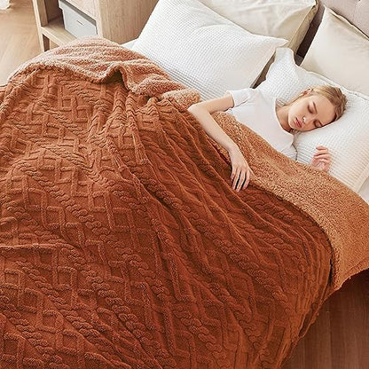 Bedsure Gentlesoft Sherpa Fleece Blanket Twin Size for Bed - Fluffy & Cozy Cable Jacquard Tufted for Women Gift, Thick and Warm Christmas Blanket for Winter, Orange, 60x80 Inches | Ultra-Soft, Cozy, Fuzzy for Fall, Winter, Ideal for Couch, Living Room, Gi