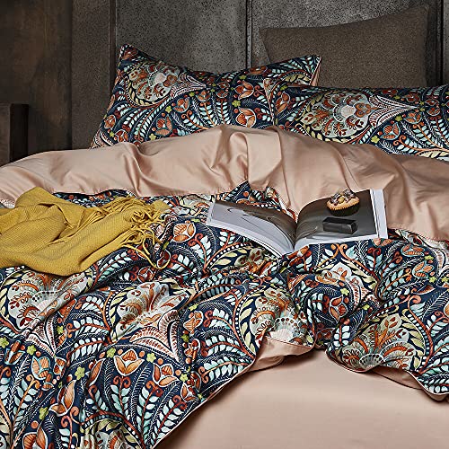 Cupocupa Queen Duvet Cover Set, Modern Industrial Luxury Bedding with Zipper Closure & Corner Ties, Soft Breathable Navy Teal Orange Floral Comforter Cover for Bedroom Guest Room Vintage Paisley - color: Turmeric Boho Floral, size: Queen